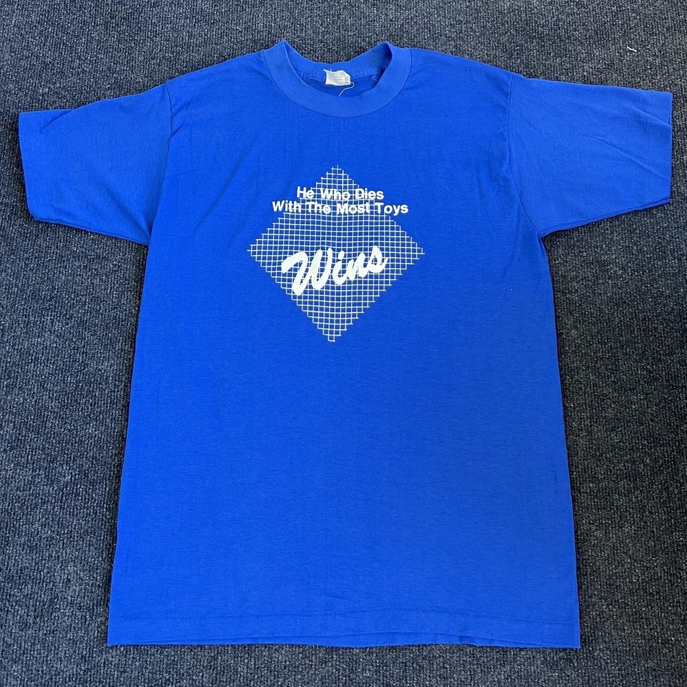 Vintage 80s He Who Dies With The Most Toys Wins Selec-T Shirt Men Large Blue Tee